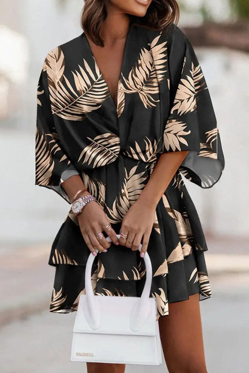 Casual Print Patchwork V Neck Dresses(5 Colors)