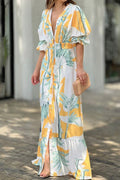 Casual Print Contrast V Neck Waist Skirt Dresses