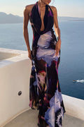Sexy Vacation Print Backless V Neck Dresses