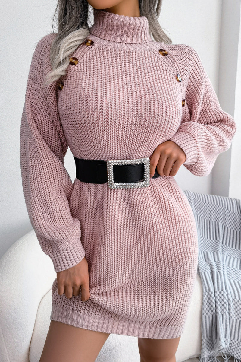 Street Solid Buttons Turtleneck Pencil Skirt Dresses(No Belt.3 Colors)