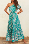 Bohemian Elegant Floral Frenulum Oblique Collar Printed Dress Dresses