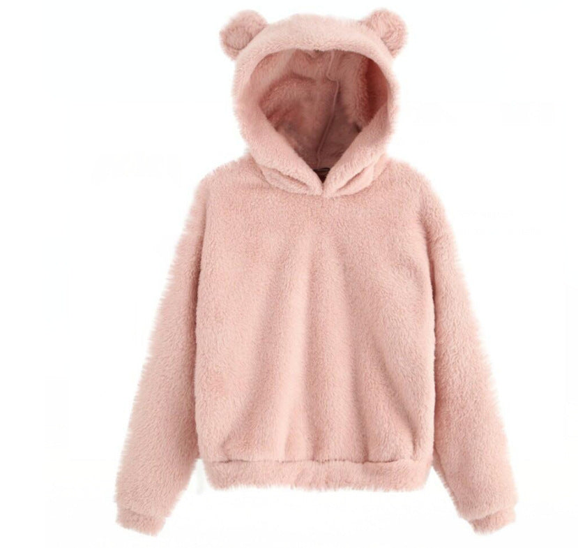Winter Korean Fashion Bear Ears Cute Loose Hoodie Fluffy Hooded Warm Sweatshirt Long Sleeve Top Solid Pullover Clothes For Women