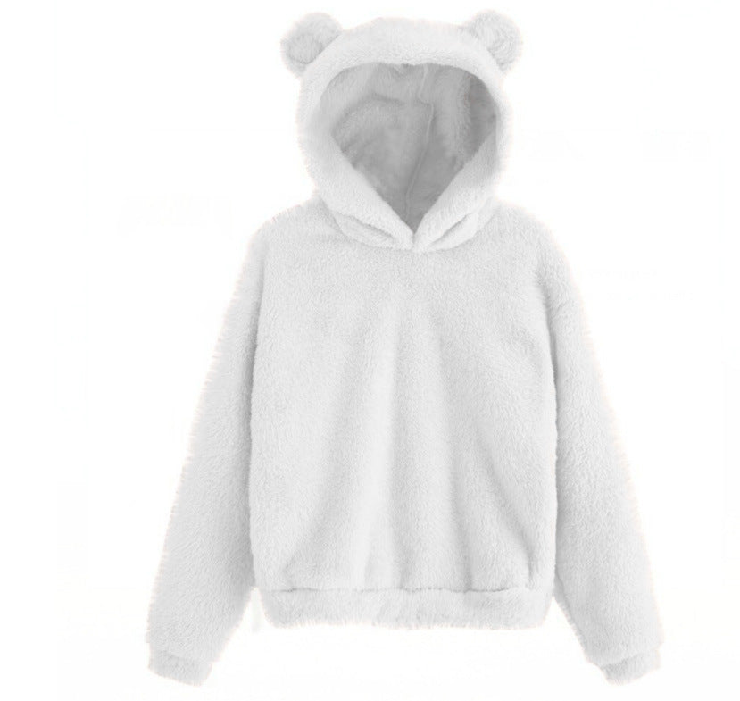 Winter Korean Fashion Bear Ears Cute Loose Hoodie Fluffy Hooded Warm Sweatshirt Long Sleeve Top Solid Pullover Clothes For Women