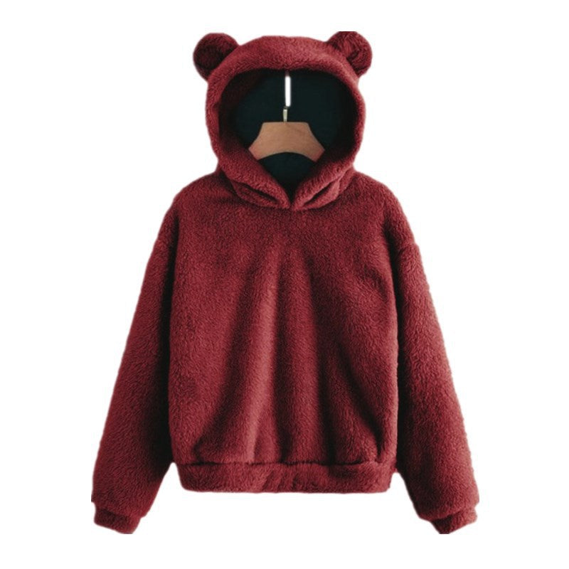 Winter Korean Fashion Bear Ears Cute Loose Hoodie Fluffy Hooded Warm Sweatshirt Long Sleeve Top Solid Pullover Clothes For Women