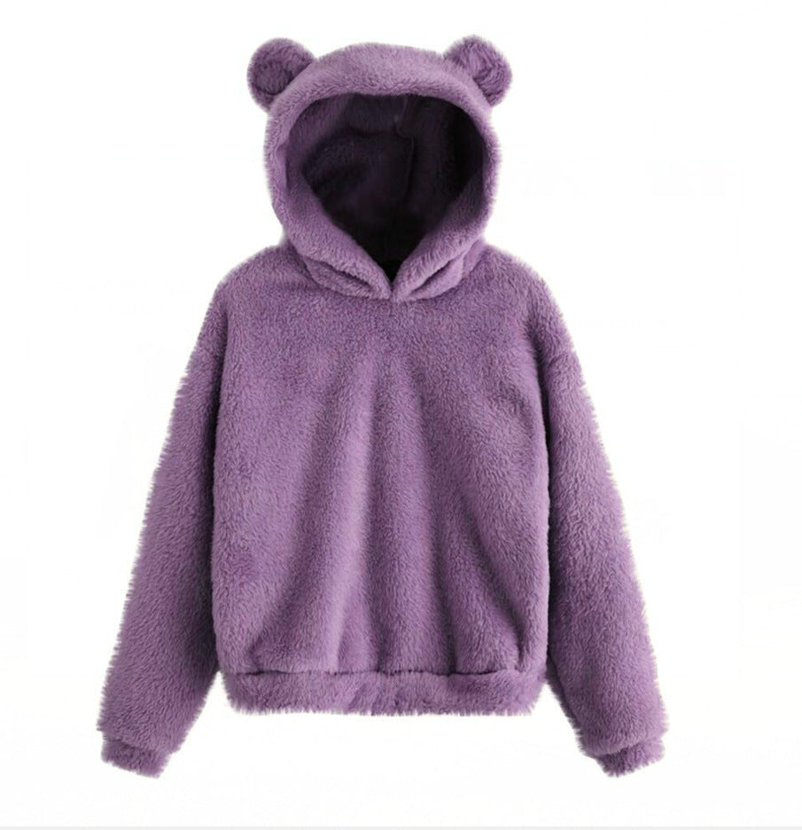 Winter Korean Fashion Bear Ears Cute Loose Hoodie Fluffy Hooded Warm Sweatshirt Long Sleeve Top Solid Pullover Clothes For Women