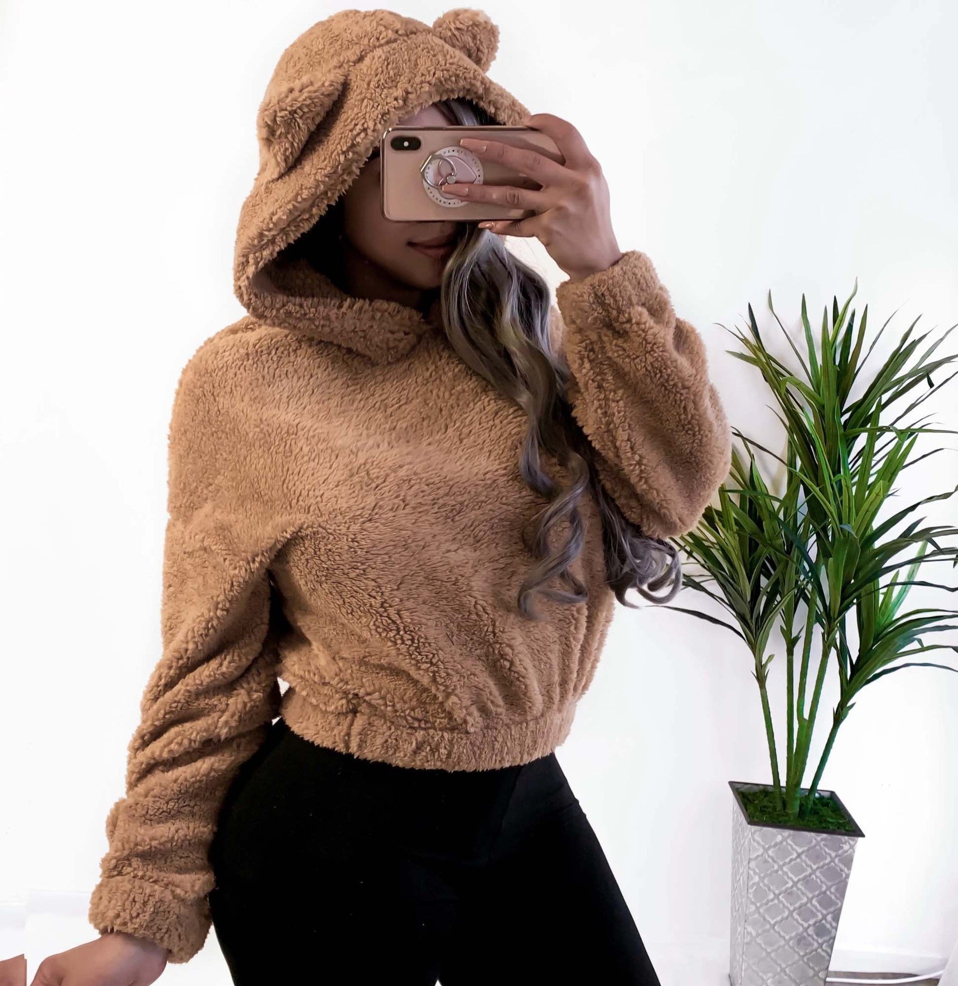 Winter Korean Fashion Bear Ears Cute Loose Hoodie Fluffy Hooded Warm Sweatshirt Long Sleeve Top Solid Pullover Clothes For Women