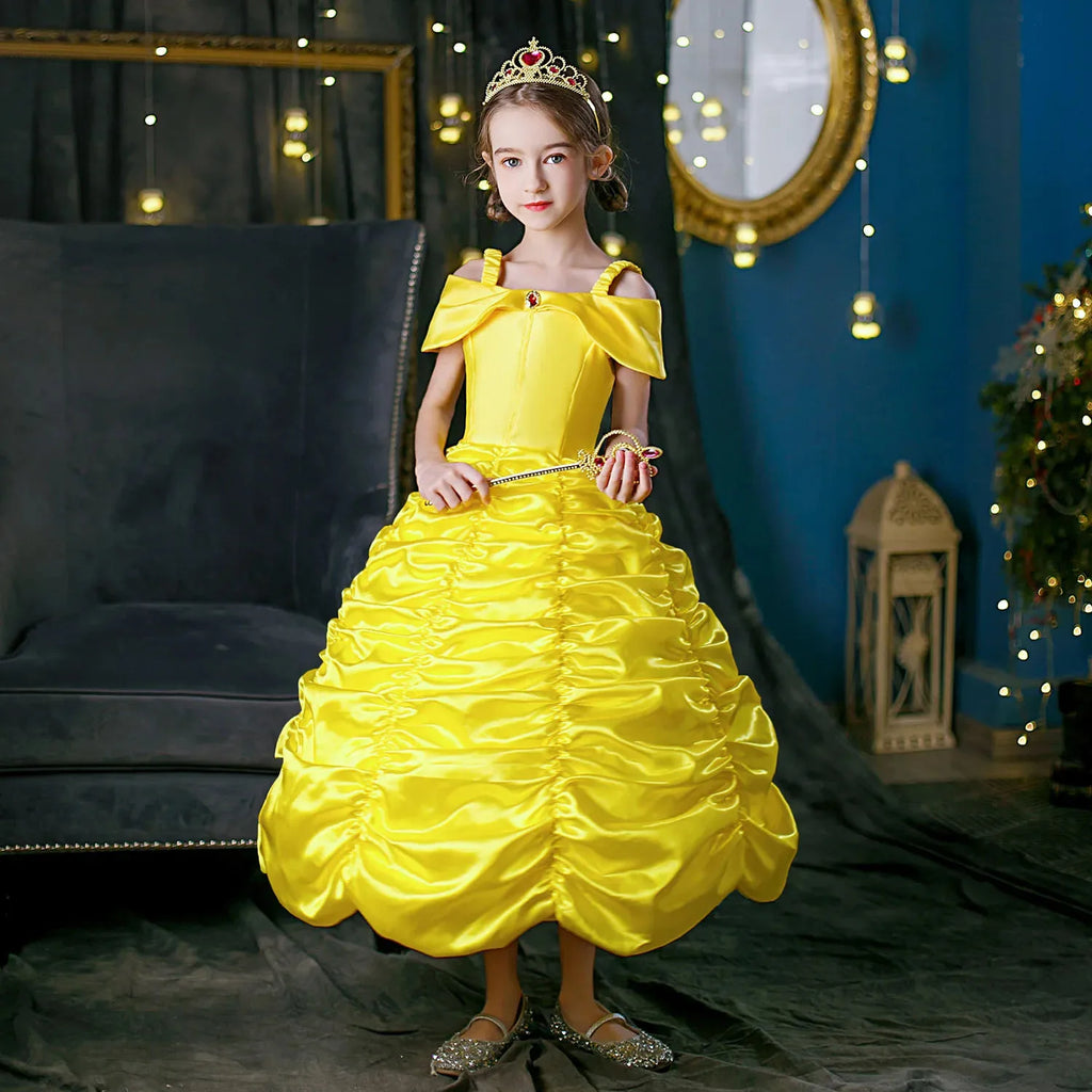 Yellow Princess Dress Halloween Cosplay Costumes Beauty and The Beast Kid Dress For 2-10Y Girls Birthday Party Children Clothing