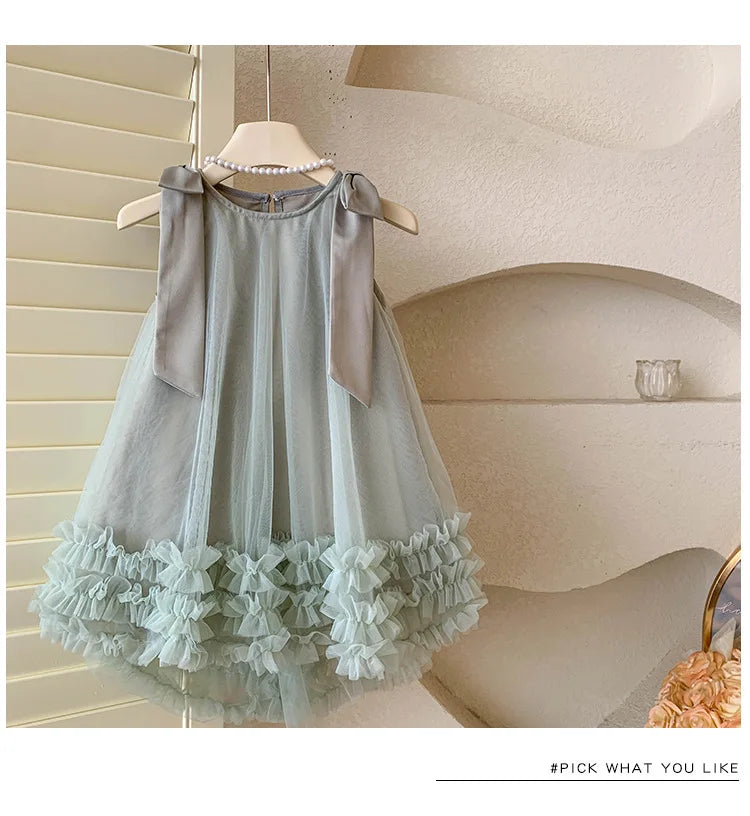 2024 Summer Korean  Girls New Sleeveless Bow Solid Color Sweet and Gentle Princess Dress Childrens Trend