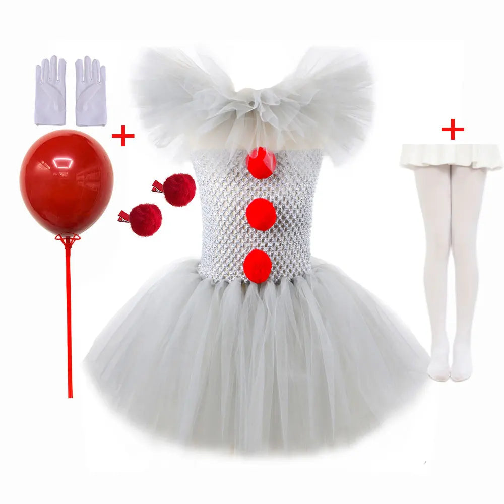 Pennywise Inspired Horrible Creature It Clown Tutu Dress Kids Joker Cosplay Costume with Hair Pin Gloves Girl Halloween Apparel