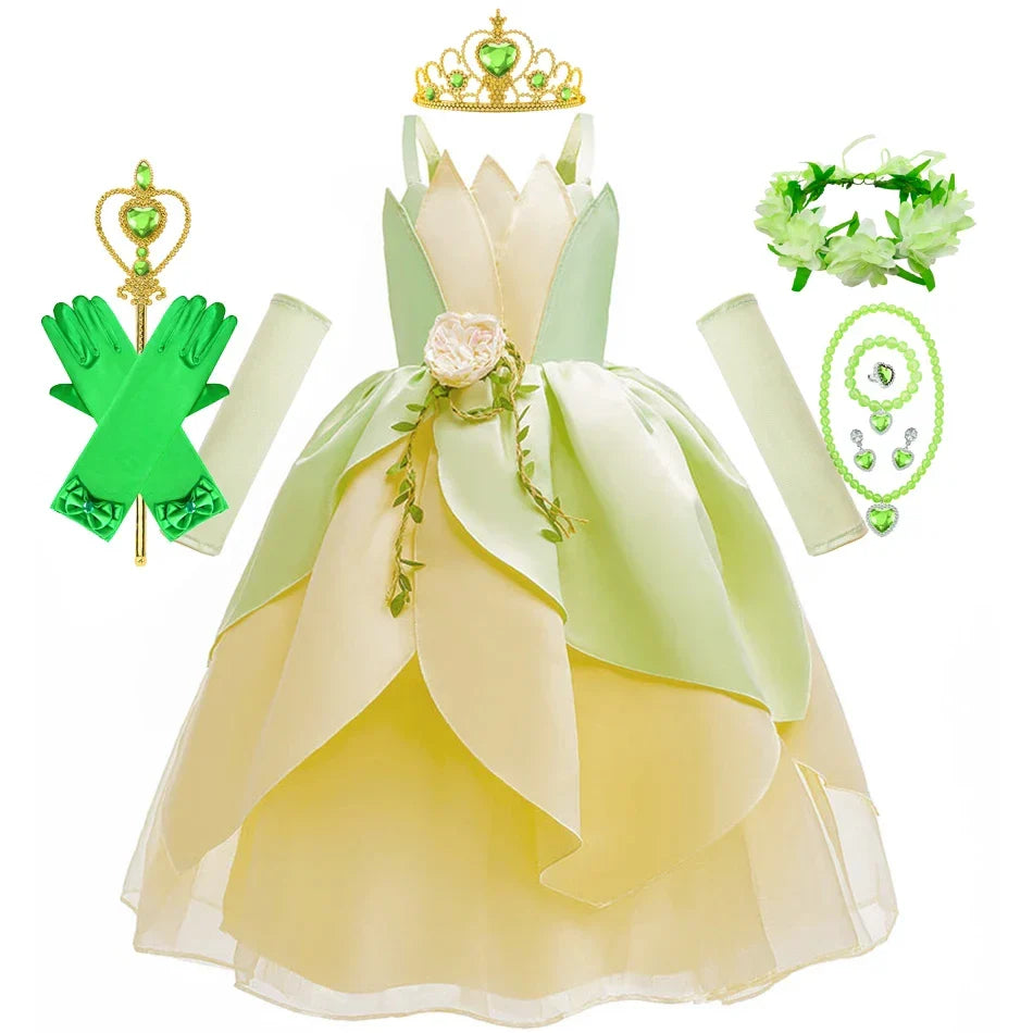 Tiana Fancy Girls Princess Costume Kid Carnival Dress Cosplay Floral LED Light Up Clothing Halloween Girls Christmas Party 2-11T