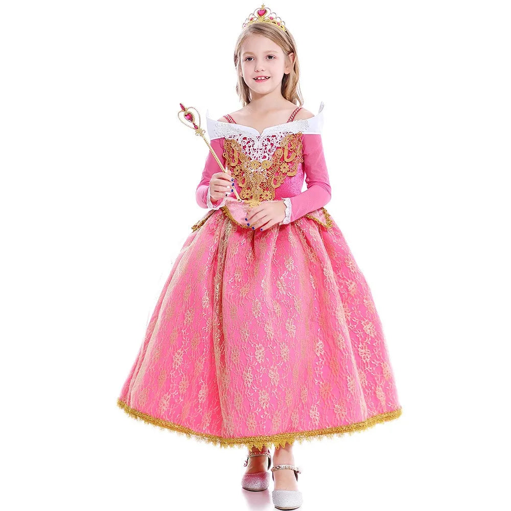 Sleeping Beauty Aurora Princess Dress Girl Cosplay Off Shoulder Kids Gifts Fancy Party Girl Baby Fine Lace Dress Set