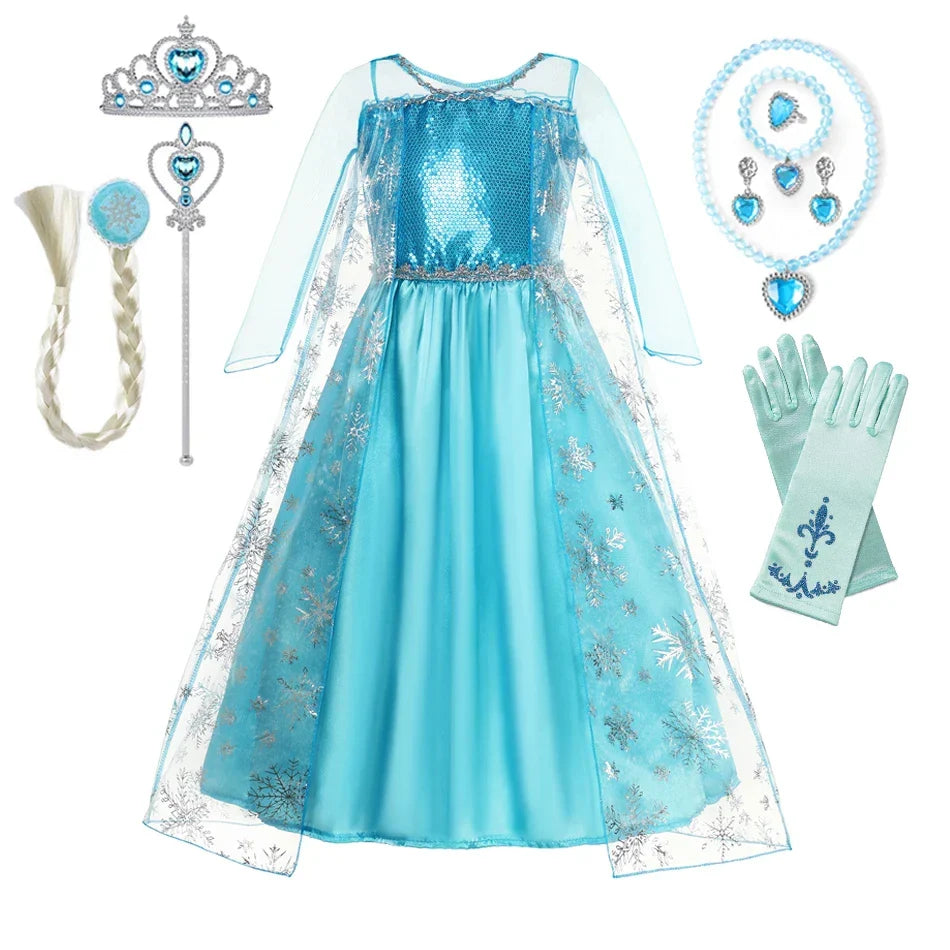 Girls Snow Queen Elsa Kids Costumes for Girl 2025 Carnival Party Prom Gown Robe-Playing Children Clothing Toddler Princess Dress