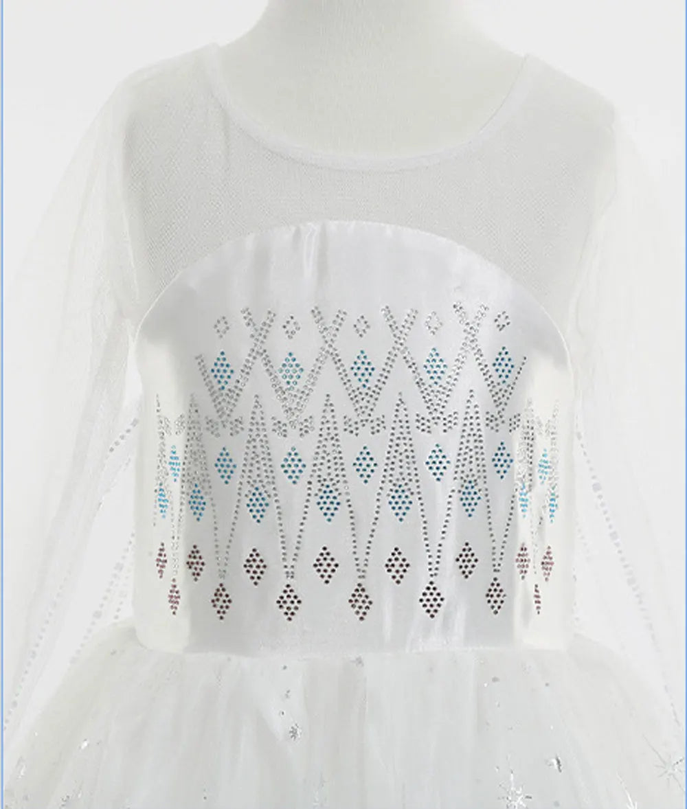 Elsa Princess Dress For Girl White Printed Long-Sleeved Lace Dress Festive Party Gift Set Frozen Dress Fire Spirit Olaf