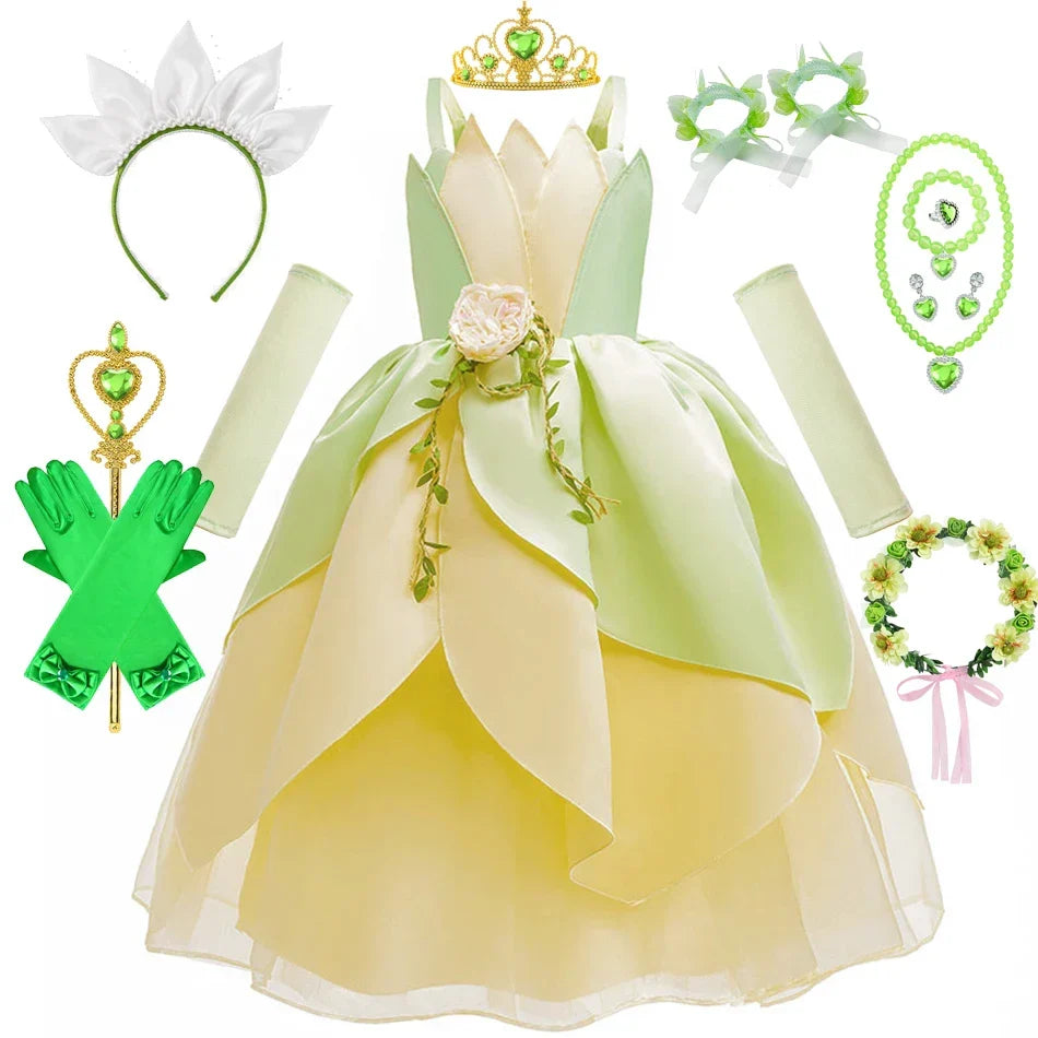 Tiana Fancy Girls Princess Costume Kid Carnival Dress Cosplay Floral LED Light Up Clothing Halloween Girls Christmas Party 2-11T