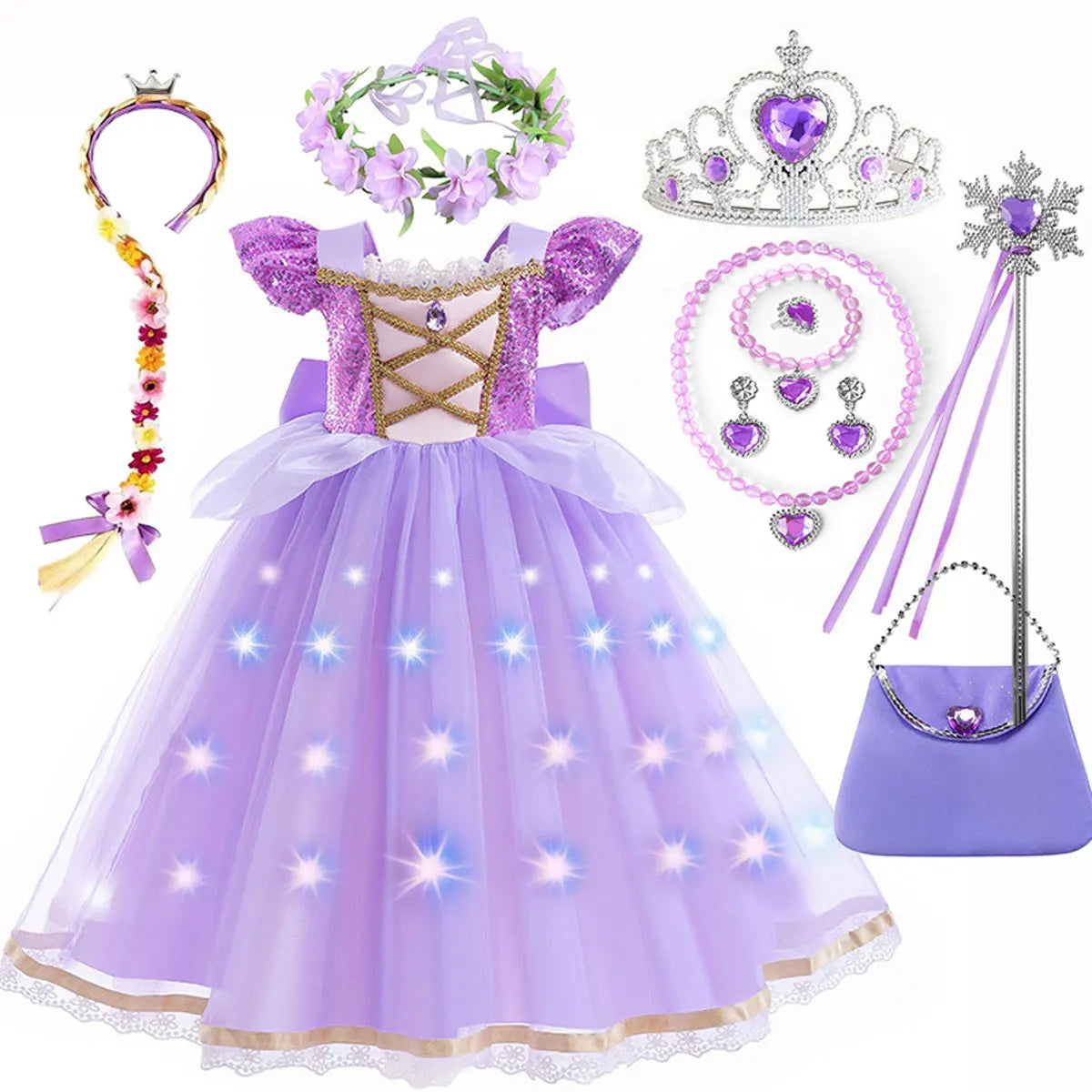 Purple Princess Dress Girl Cosplay Princess Short Sleeves Skirt Birthday Party Vestido Costume + Accessories