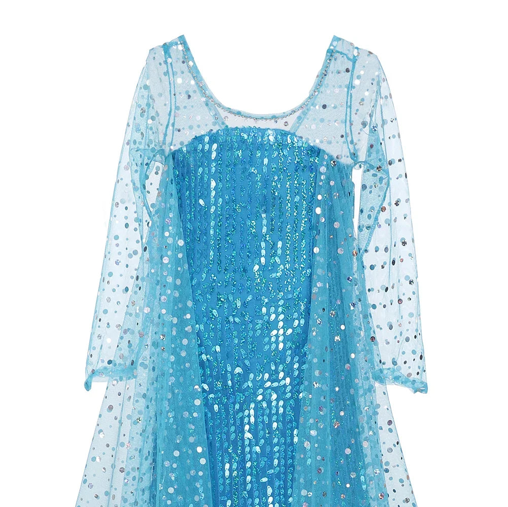 Toddler Shimmering Elsa Maxi Dress Feastured Princess Snow Queen Costume Full Bodice Sequins Embellished Christmas Party Frocks