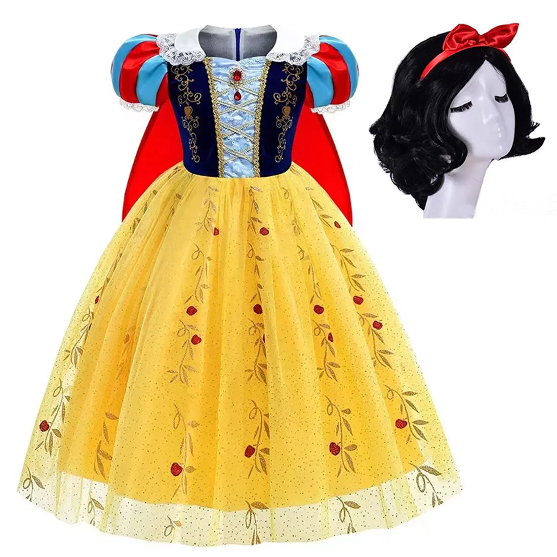 Girl Cosplay Snow White Dress Yellow Luxury Costume With Cloak Holiday Party Gift For Girl Dress + Apple Accessories