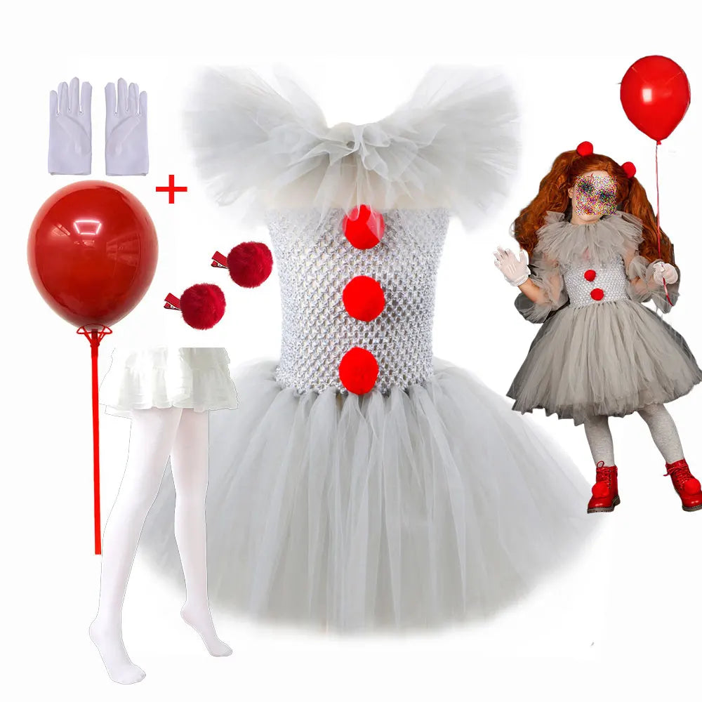 Pennywise Inspired Horrible Creature It Clown Tutu Dress Kids Joker Cosplay Costume with Hair Pin Gloves Girl Halloween Apparel