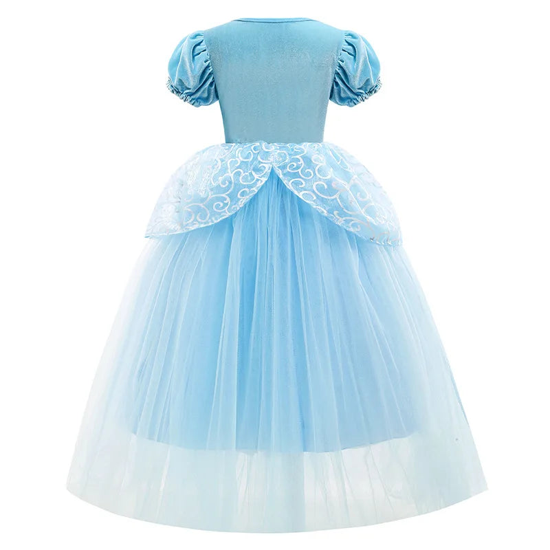 Girl Fancy Birthday Party Cinderella Ball Gown with Gloves Embroidery Floral Puffy Kids Princess Party Dress Fairy Glass Slipper