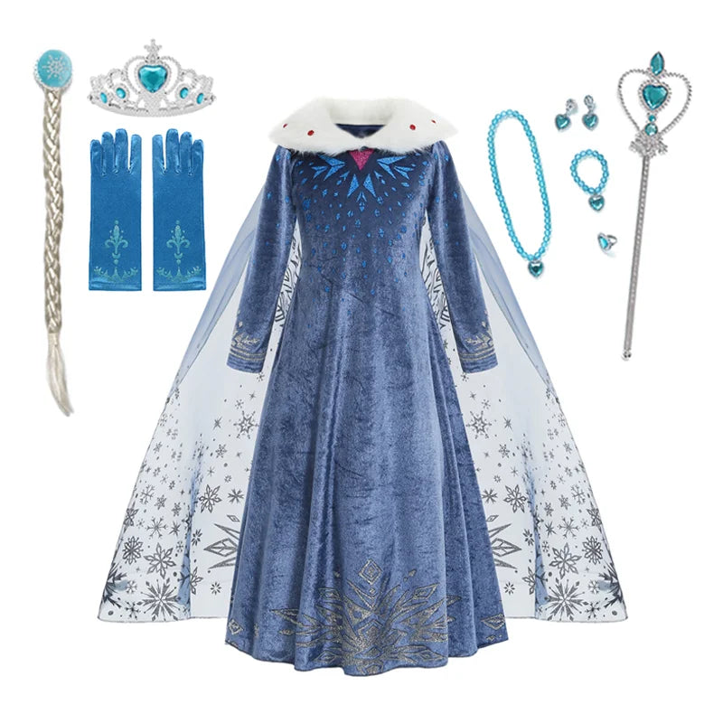 Elsa Dress for Girl Princess Birthday Party Winter Costume Kids Cosplay Frozen Evening Long Sleeve Clothes Snow Queen