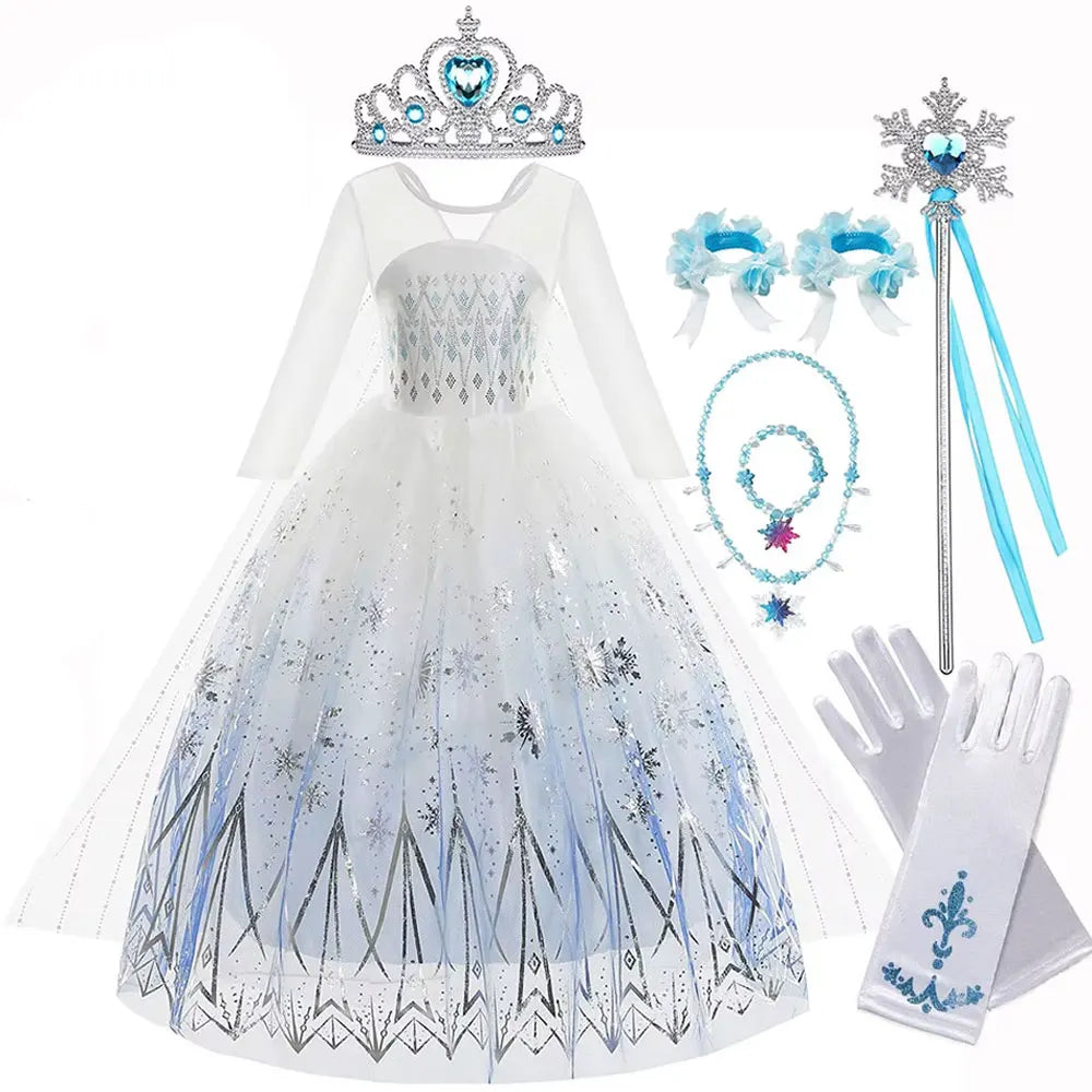 Elsa Princess Dress For Girl White Printed Long-Sleeved Lace Dress Festive Party Gift Set Frozen Dress Fire Spirit Olaf