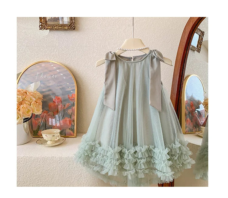2024 Summer Korean  Girls New Sleeveless Bow Solid Color Sweet and Gentle Princess Dress Childrens Trend