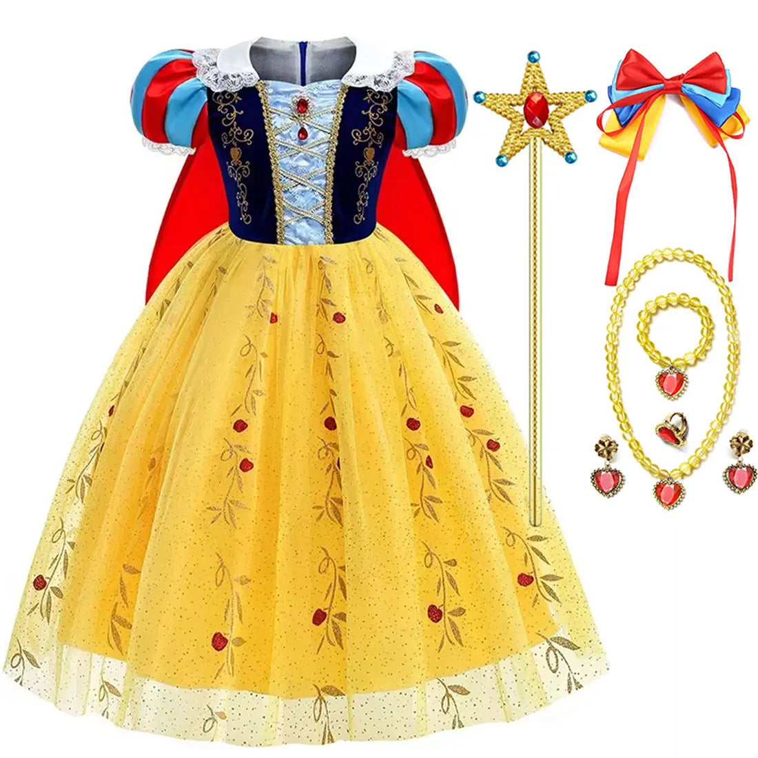 Girl Cosplay Snow White Dress Yellow Luxury Costume With Cloak Holiday Party Gift For Girl Dress + Apple Accessories