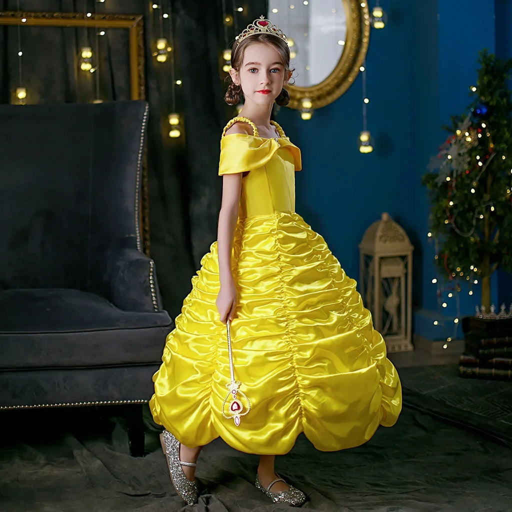 Yellow Princess Dress Halloween Cosplay Costumes Beauty and The Beast Kid Dress For 2-10Y Girls Birthday Party Children Clothing