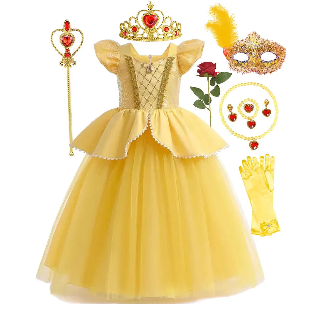 Beauty and the Beast Inspired Party Mesh Dress for Girl Elegant Fancy Princess Costume Belle Deluxe Ball Gown Kid Christmas Robe