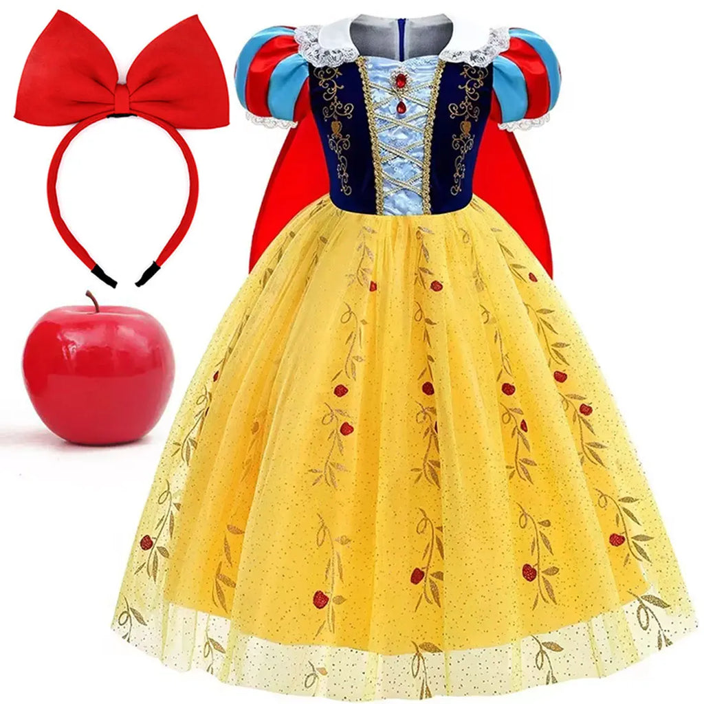 Girl Cosplay Snow White Dress Yellow Luxury Costume With Cloak Holiday Party Gift For Girl Dress + Apple Accessories