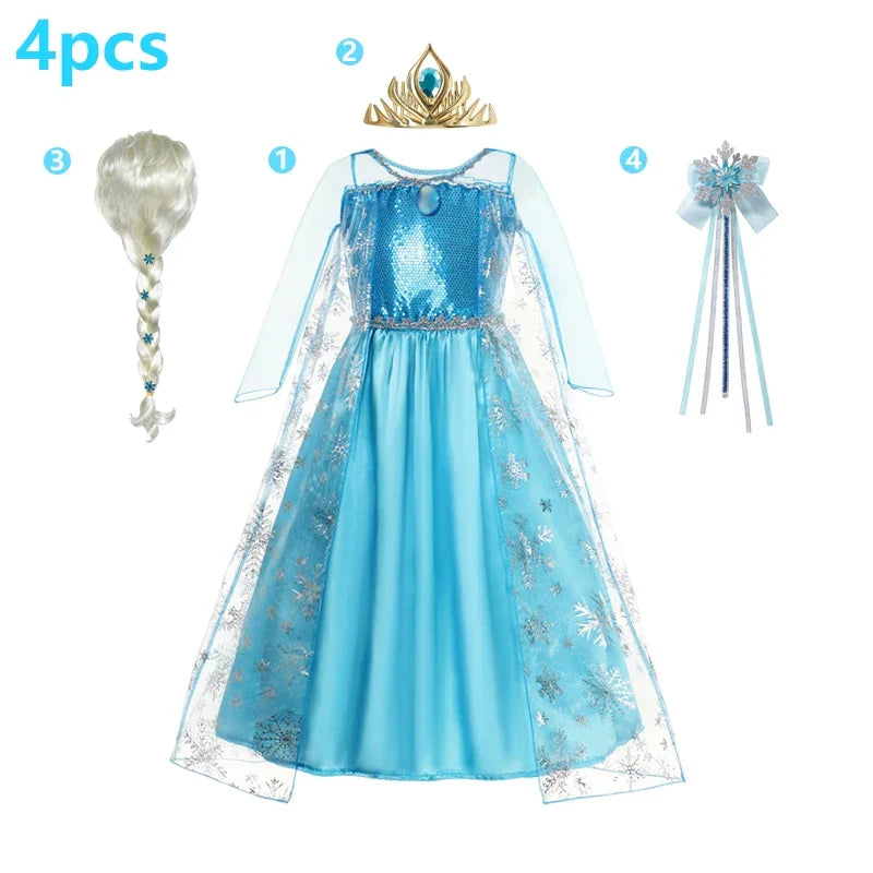 Elsa Dress Cosplay Princess Dress Light Blue Long Sleeve Sequin Children Dresses Carnival Party Evening Dress Dress For Girls