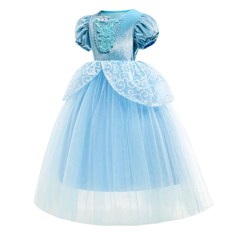 Girl Fancy Birthday Party Cinderella Ball Gown with Gloves Embroidery Floral Puffy Kids Princess Party Dress Fairy Glass Slipper