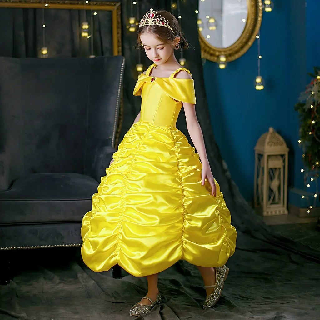 Yellow Princess Dress Halloween Cosplay Costumes Beauty and The Beast Kid Dress For 2-10Y Girls Birthday Party Children Clothing
