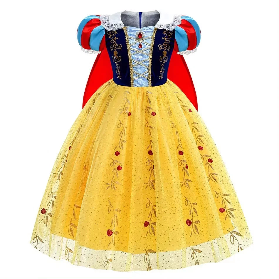 Girl Cosplay Snow White Dress Yellow Luxury Costume With Cloak Holiday Party Gift For Girl Dress + Apple Accessories