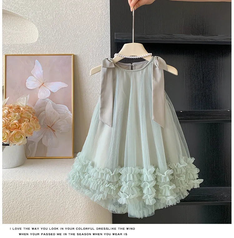 2024 Summer Korean  Girls New Sleeveless Bow Solid Color Sweet and Gentle Princess Dress Childrens Trend