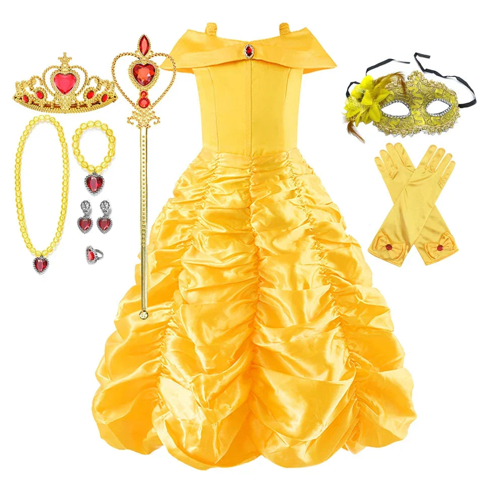 Yellow Princess Dress Halloween Cosplay Costumes Beauty and The Beast Kid Dress For 2-10Y Girls Birthday Party Children Clothing