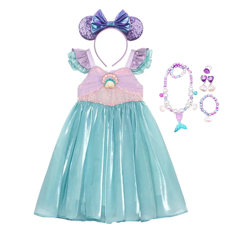 Kids Little Mermaid Summer Girls Casual Dress Ariel Princess Dress Cute Birthday Party Costume Kids Dress