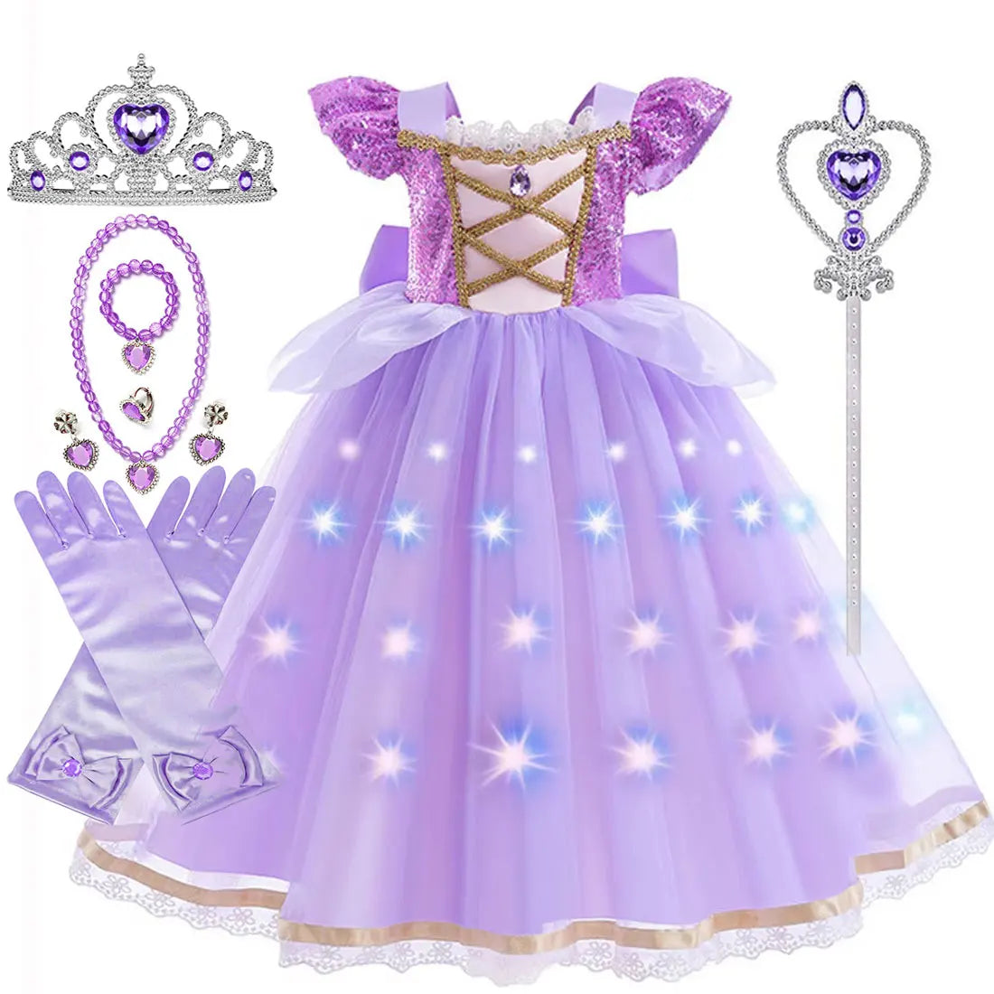 Purple Princess Dress Girl Cosplay Princess Short Sleeves Skirt Birthday Party Vestido Costume + Accessories