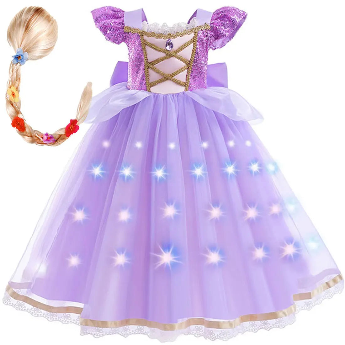 Purple Princess Dress Girl Cosplay Princess Short Sleeves Skirt Birthday Party Vestido Costume + Accessories