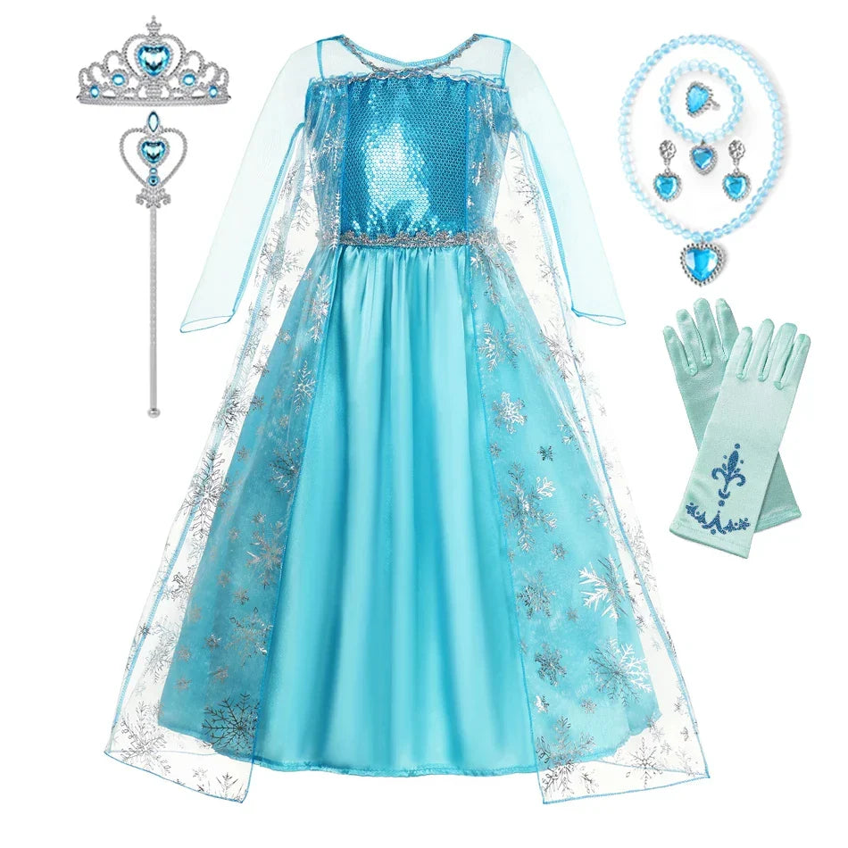 Girls Snow Queen Elsa Kids Costumes for Girl 2025 Carnival Party Prom Gown Robe-Playing Children Clothing Toddler Princess Dress
