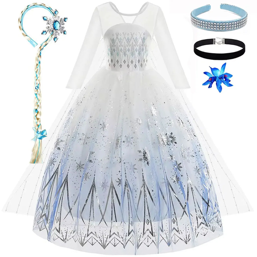 Elsa Princess Dress For Girl White Printed Long-Sleeved Lace Dress Festive Party Gift Set Frozen Dress Fire Spirit Olaf