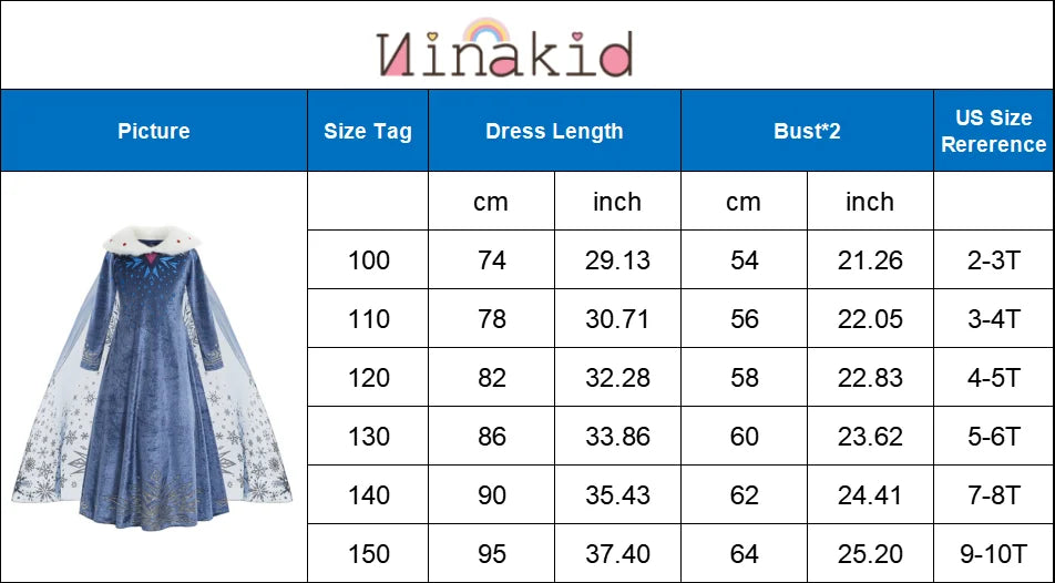 Elsa Dress for Girl Princess Birthday Party Winter Costume Kids Cosplay Frozen Evening Long Sleeve Clothes Snow Queen