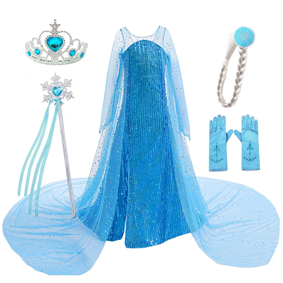 Toddler Shimmering Elsa Maxi Dress Feastured Princess Snow Queen Costume Full Bodice Sequins Embellished Christmas Party Frocks