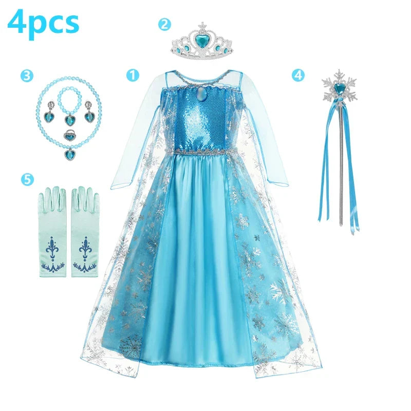 Elsa Dress Cosplay Princess Dress Light Blue Long Sleeve Sequin Children Dresses Carnival Party Evening Dress Dress For Girls