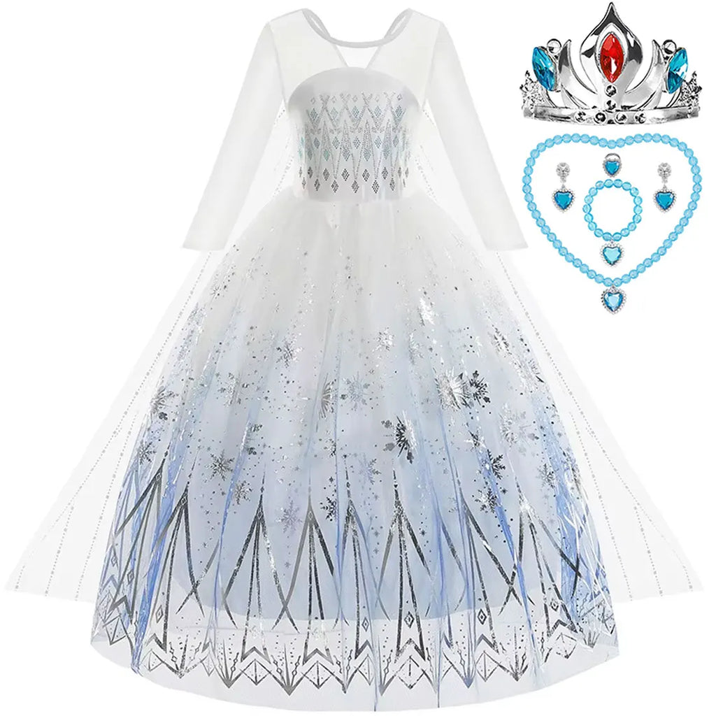 Elsa Princess Dress For Girl White Printed Long-Sleeved Lace Dress Festive Party Gift Set Frozen Dress Fire Spirit Olaf