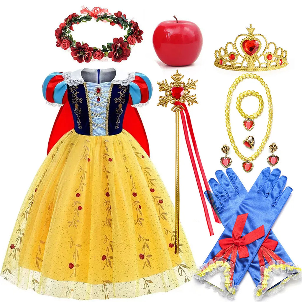 Girl Cosplay Snow White Dress Yellow Luxury Costume With Cloak Holiday Party Gift For Girl Dress + Apple Accessories