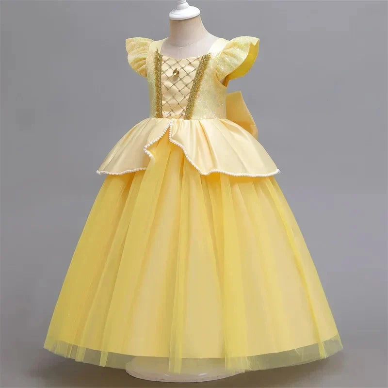 Beauty and the Beast Inspired Party Mesh Dress for Girl Elegant Fancy Princess Costume Belle Deluxe Ball Gown Kid Christmas Robe