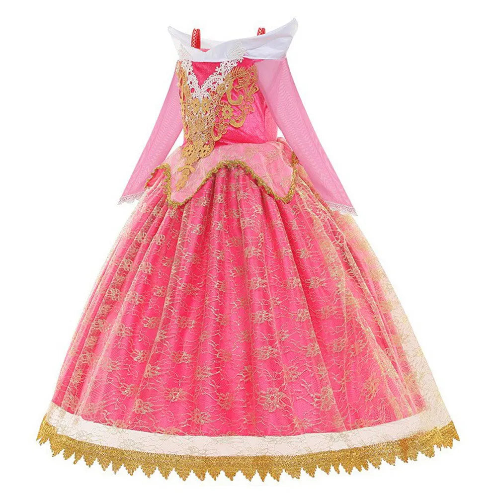 Sleeping Beauty Aurora Princess Dress Girl Cosplay Off Shoulder Kids Gifts Fancy Party Girl Baby Fine Lace Dress Set
