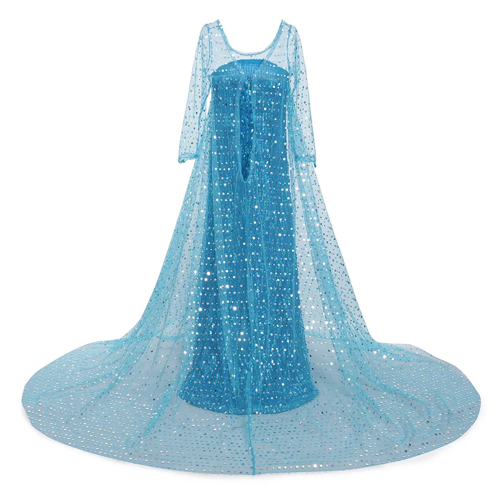 Toddler Shimmering Elsa Maxi Dress Feastured Princess Snow Queen Costume Full Bodice Sequins Embellished Christmas Party Frocks