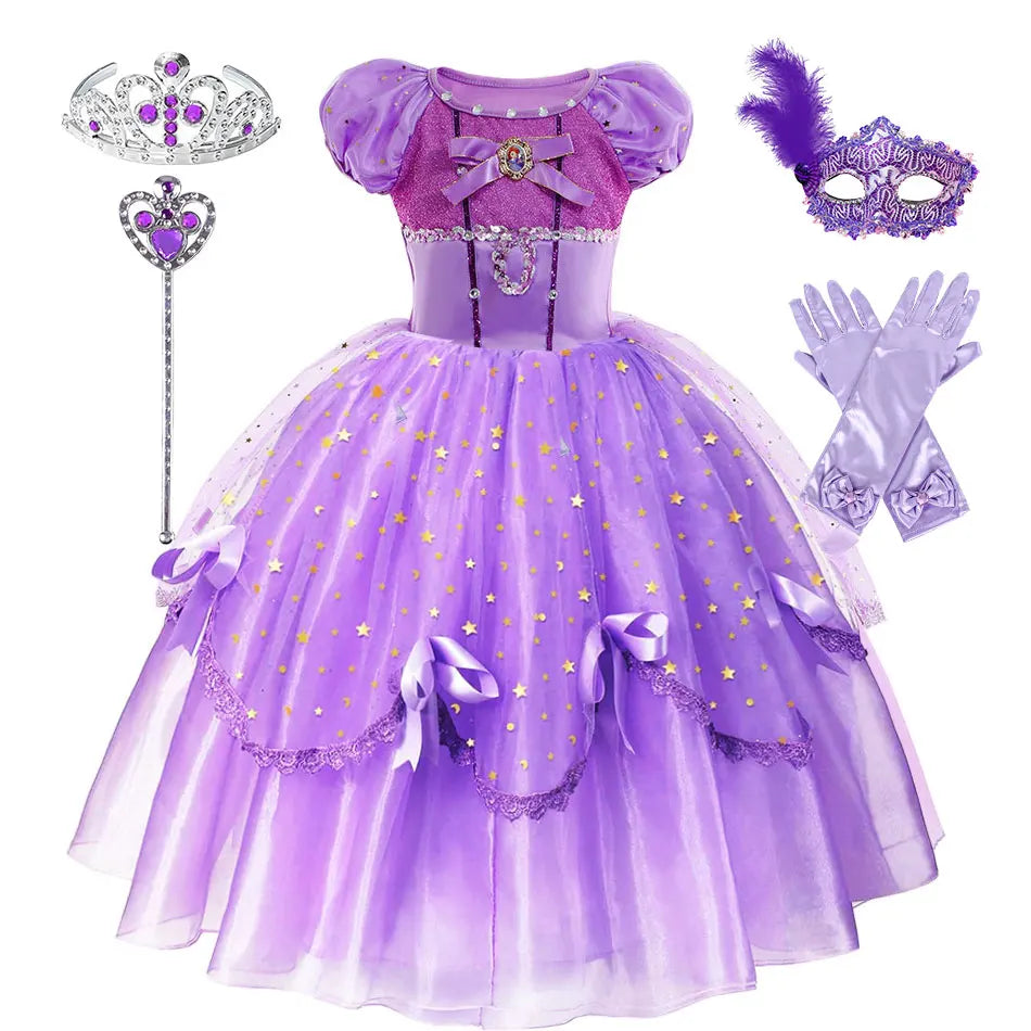 Little Girl Sofia Princess Ball Gown Role Play Delicate Carnival Costume Junior Catoon TV Series Heroine Dress Birthday Party
